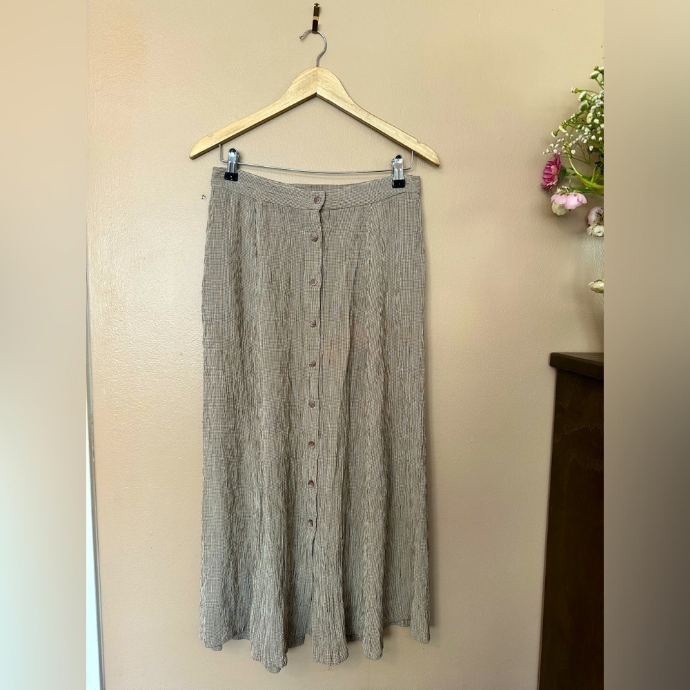 Vintage INC Long Button Skirt SZ 14 Tan and White Check Pattern